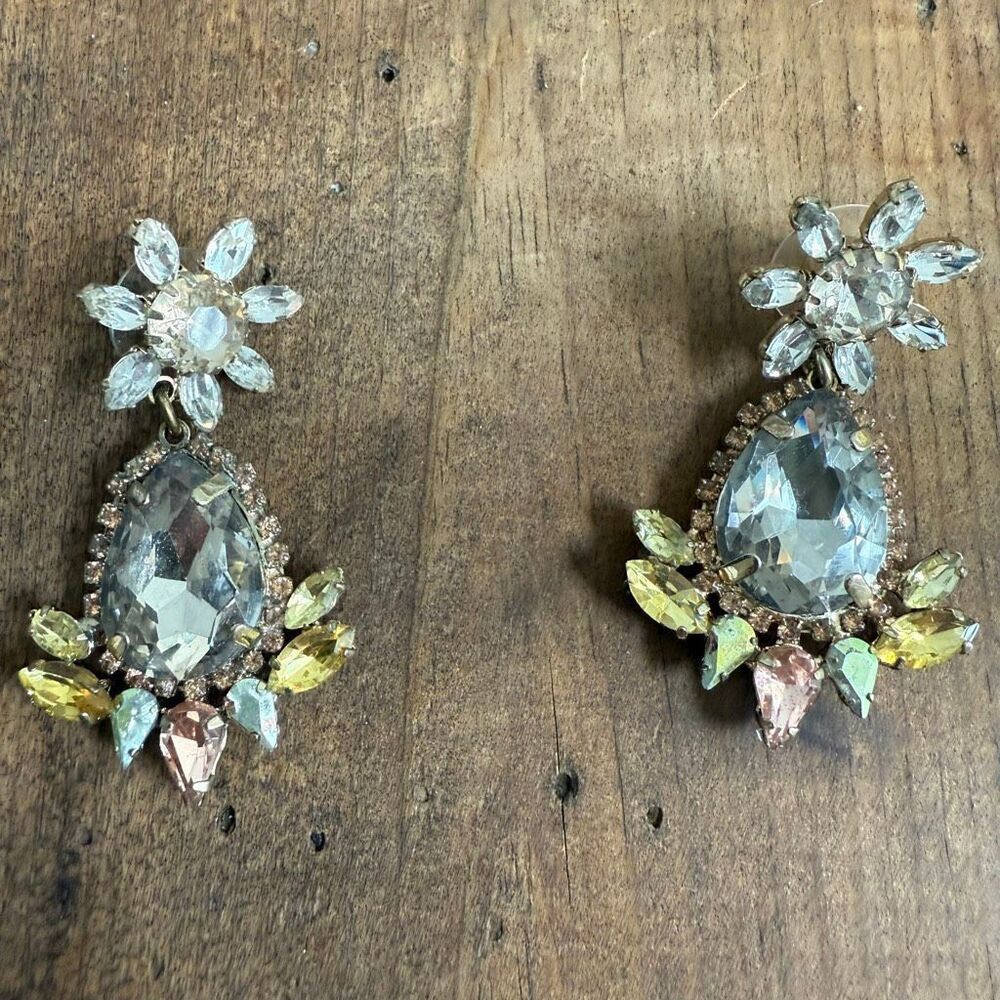 Rhinestone Statement Drop Pierced Earrings Champagne Grey Canary Yellow